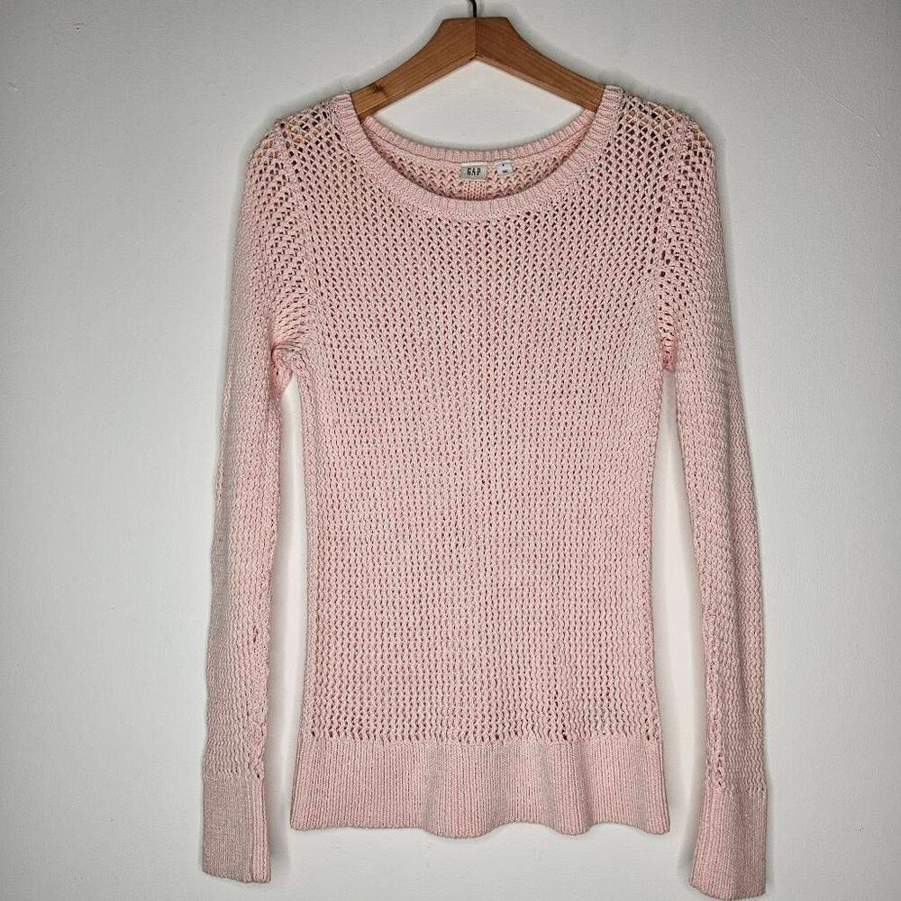 GAP Open Knit Sweater Womens Medium Light Pink Long Sleeve Cotton Crewneck
